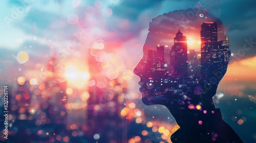 Double exposure of a silhouette with a cityscape background, depicting urban life, creativity, and futuristic vision during sunset.