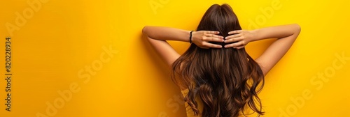Headless girl raise two arms, novelty promotion, no emotions just business, yellow background