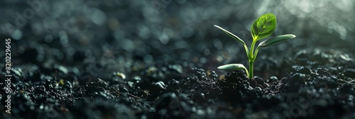 Young sprout in black earth, young plant on dark soil background, green leaves on ground, eco bio plants