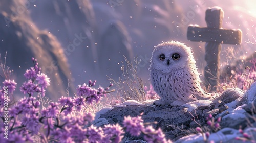  A white owl sits on a rock amidst a field of purple flowers, with a wooden cross in the background