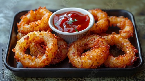 Spicy fried shrimp with red dipping sauce on a plate, portraying a tempting and flavorful dish