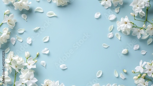 light blue background with white jasmine flowers and petals border frame