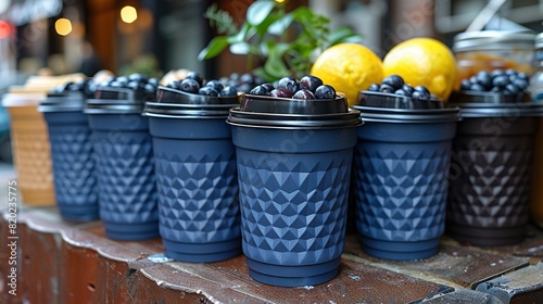 A row of blue cups sits atop a wooden table, surrounded by piles of juicy lemons and plump blueberries