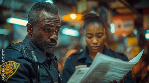 multicultural police investigation, an african american officer eagerly reviews case files with a focused hispanic detective in a crowded station, illuminated by bright overhead lights