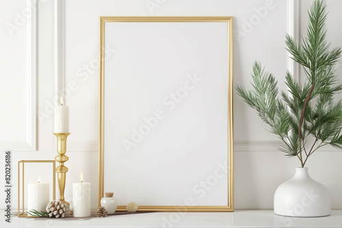 Vertical poster mock up with golden frame candles and pine branch in vase on white wall background. 3D rendering.