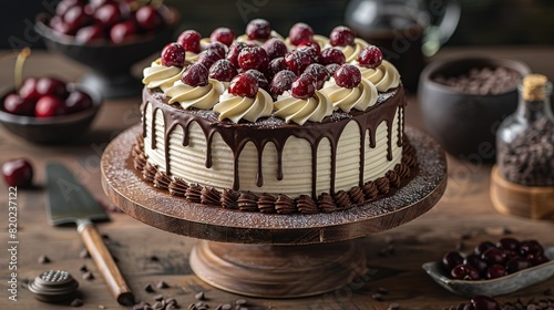  A cherry-topped cake on a chocolate-frosted wooden table with extra cherries