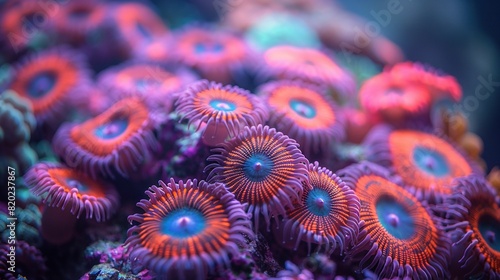  A close-up of vibrant purple and orange sea anemones adorn a coral, centered in blue, surrounded by additional corals