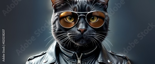 A stylish anthropomorphic cat wearing a leather jacket and round glasses exudes a cool and confident demeanor against a grey background.