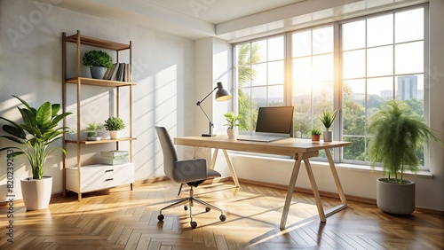 A minimalist workspace bathed in sunlight, featuring clean lines and uncluttered surfaces for maximum productivity