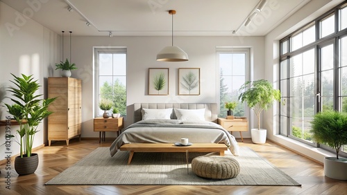 A serene bedroom flooded with soft natural light, featuring minimalist d?cor and uncluttered space