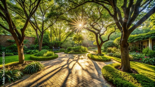 A peaceful garden courtyard with sunlight filtering through the trees, creating dappled patterns on the ground