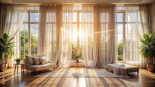 A serene room flooded with warm, natural light filtering through sheer curtains, creating a peaceful ambiance