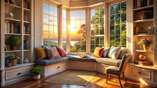 A cozy reading nook nestled by a bay window, illuminated by warm morning sunlight
