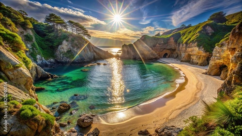 A secluded beach cove hidden by cliffs, with sunlight streaming onto the sandy shore