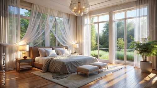 A serene bedroom flooded with soft, natural light filtering through sheer curtains, creating a peaceful atmosphere