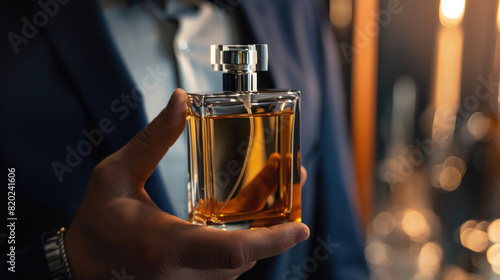 A man holds a bottle of cologne in his hand. The cologne is for men and is perfect for a formal occasion. The bottle is stylish and the scent is long-lasting.