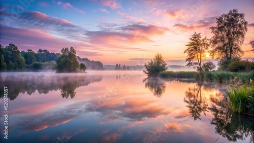 A peaceful lakeside scene at dawn, with mist rising from the water and the sky turning pink