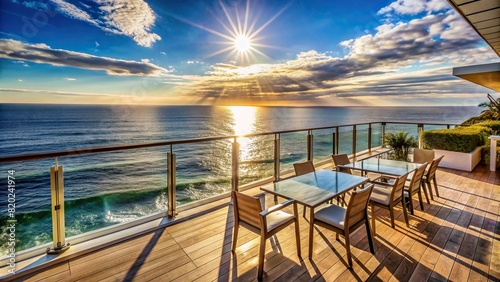 An open-air terrace overlooking the ocean, with sunlight reflecting off the water