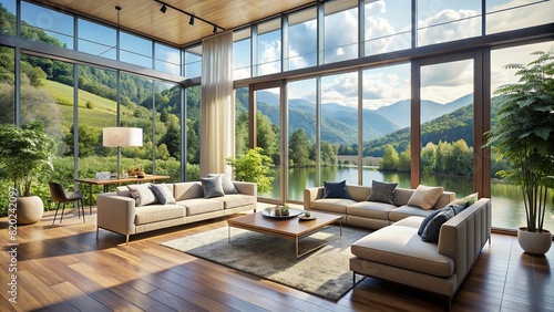 An airy living room with floor-to-ceiling windows, showcasing natural scenery