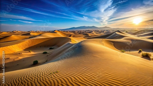 A pristine desert landscape, with sand dunes stretching towards the horizon under a cloudless sky