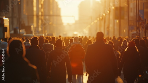 sizable group of individuals walking together in a busy street to work