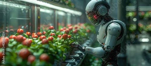 Agricultural robot assistant in modern greenhouse with hydroponic system. controlling agricultural plant cultivation technology