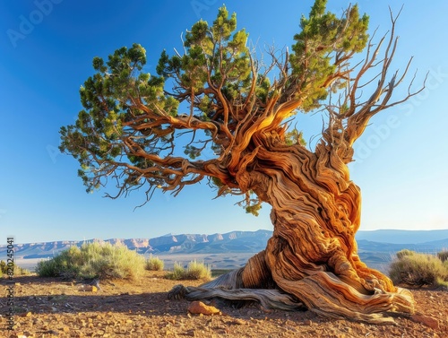 An old, knotted tree standing alone in a vast desert expanse, its branches reaching out like ancient arms, representing strength and resilience. The lighting is bright and intense, 