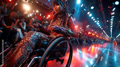 Disabled model in a wheelchair sparkling at a fashion event