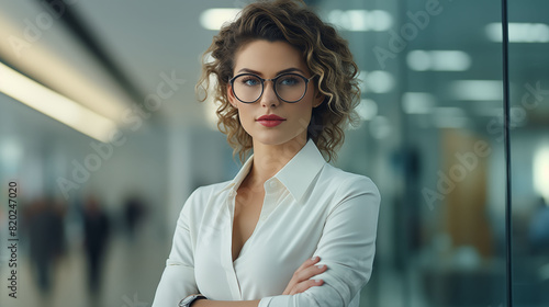 An image showcasing a poised and sophisticated businesswoman adhering to office dress code standards, adorned with stylish glasses and a sleek watch, portrayed with utmost realism