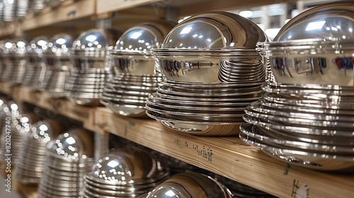  A wooden shelf adorned with an array of silver plates and pans, arranged neatly side by side
