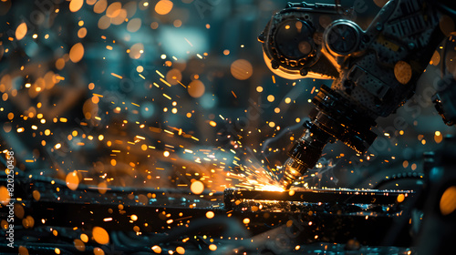 A robot is cutting through metal with sparks flying. The scene is intense and dangerous, as the sparks could ignite and cause a fire. The robot is focused on its task