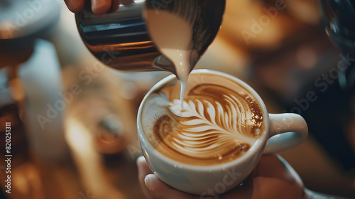 A barista is pouring milk into a cup of coffee. The barista is wearing apron and is holding the cup with both hands