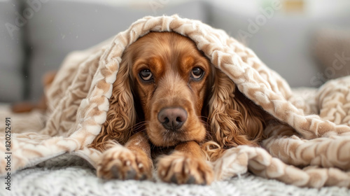 Soft, cuddly English Cocker Spaniel under cozy blanket indoors