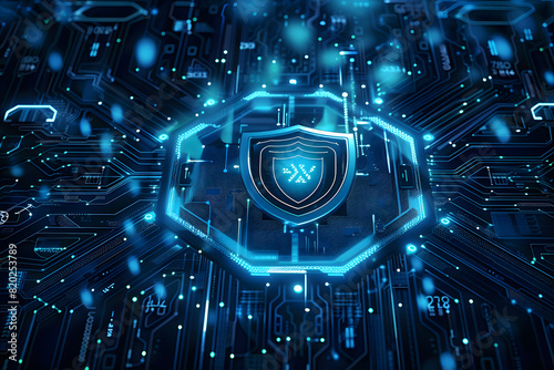 Futuristic blue cyber security concept with a shield symbol centered on a digital interface. AI