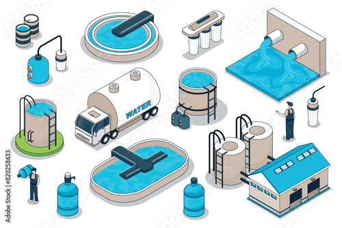 Water purification 3d isometric mega set. Collection flat isometry elements and people of wastewater cleaning plant, filtration pool, tank reservoir, pump station, transportation. Vector illustration.