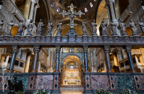 The chancel, the gothic altar, the apostles statues and the presbytery inside of St. Mark's basilica in Venice; Italy