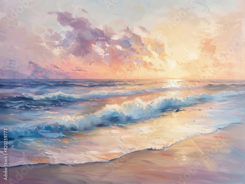 A serene beach at sunrise with waves gently lapping against the shore and the sky painted in soft pastel colors, evoking a sense of peace and new beginnings. The lighting is soft and warm, 