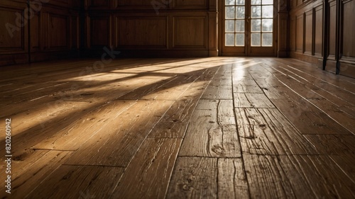 Sunlight streams through window, casting long, dramatic shadows across old wooden floor. Room empty, accentuating rich textures, patterns of wood. Each plank tells story of age, wear, with scratches.