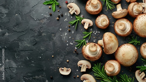 Fresh Button Mushrooms with Herbs on Dark Textured Background, Top View, Minimalist Composition, Organic Edible Fungi, Isolated Arrangement, Copy Space