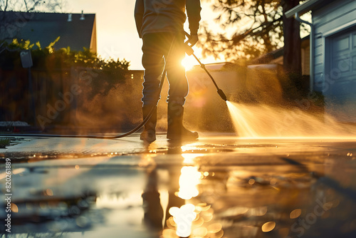 Man power washing concrete driveway with electric pressure washer in sunny suburban morning. Concept Home Maintenance, Pressure Washing, Driveway Cleaning, Outdoor Chores, Morning Routine AI