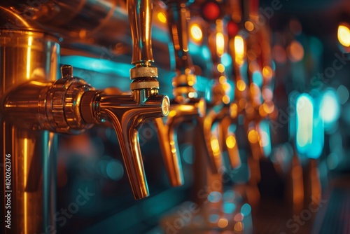 Pub beer taps. First on focus. Perspective