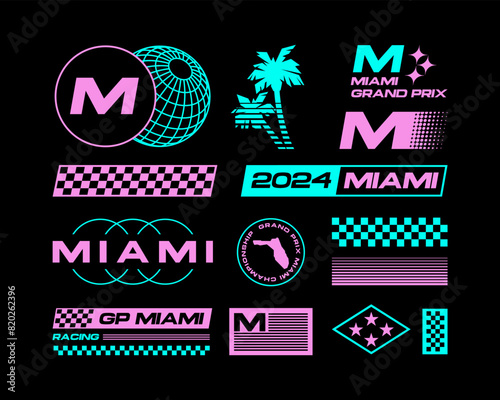 Set streetwear auto racing logo ideas for a clothing brand. Design vector typography for decals auto and t-shirt Miami, USA streetwear clothing y2k style.