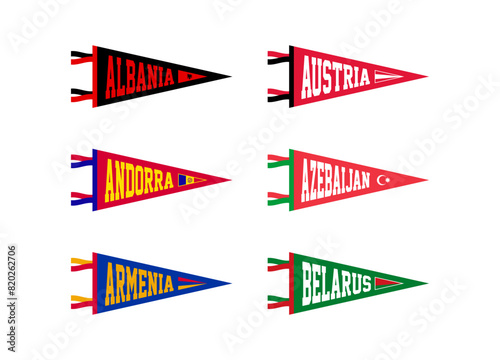 Vector set sport pennants of countries in Europe. Albania, Austria, Andorra, Azerbaijan, Armenia, Belarus