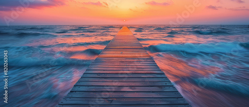 Award Winning national geographic Leading line, a boardwalk stretches into the ocean, disappearing into a vibrant sunset ablaze with orange and pink hues whimsical, background with