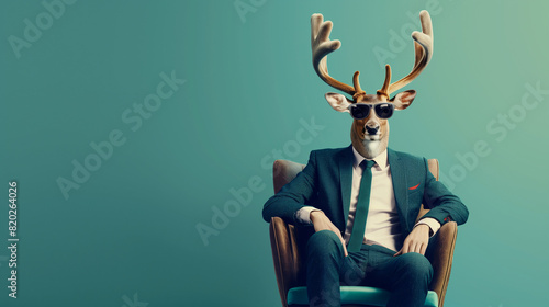 Man Sitting in Chair With Deers Head Wearing Sunglasses