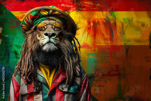 giant lion with dreadlocks and reggae rastafarian style colors on abstract background with copy space