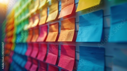 vibrantly colored sticky notes on whiteboard, create concept background for brainstorming session with space for text