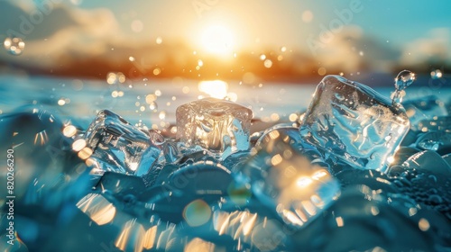 Cold water and ice cubes melting under the sun background. Global warming or climate change concept. Cold therapy, breathing techniques, yoga and meditation