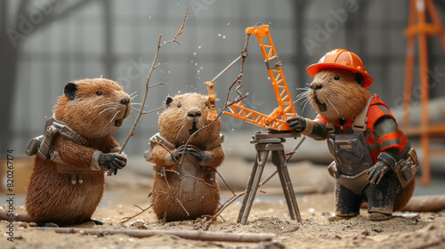 Award Winning National Geographic Minimal style, 3D beavers in construction gear, one operating a tiny crane to move twigs, plain engineering grey background, left in frame These h