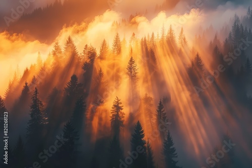 Calming Rhythms: Serene Image of Light Beams Filtering Through a Forest at Sunrise